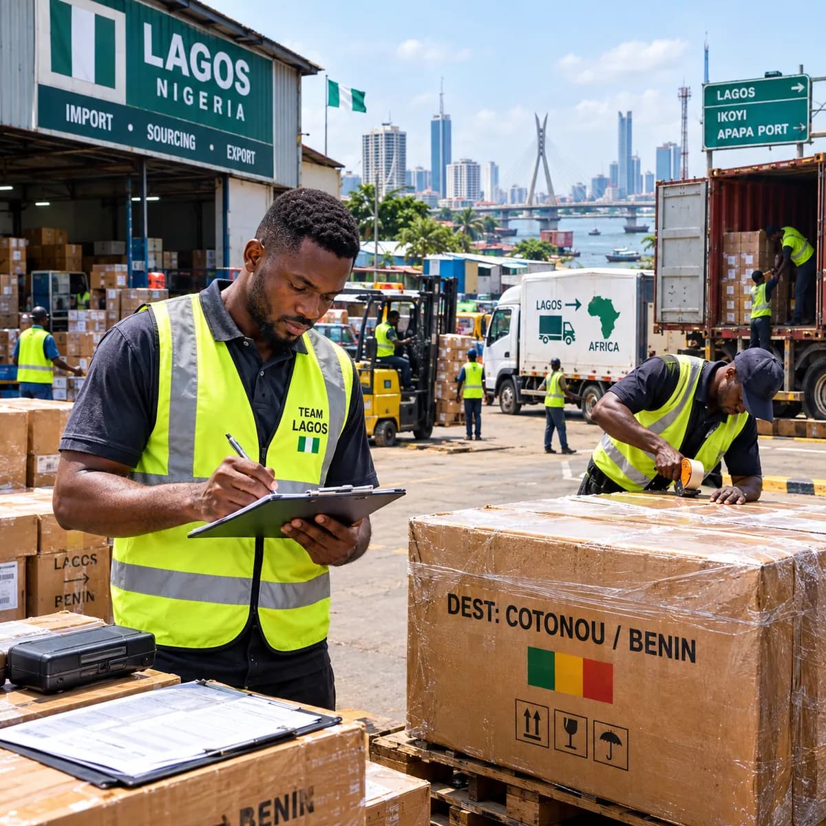 Camions et conteneurs de marchandises prêts au départ du hub de Lagos
