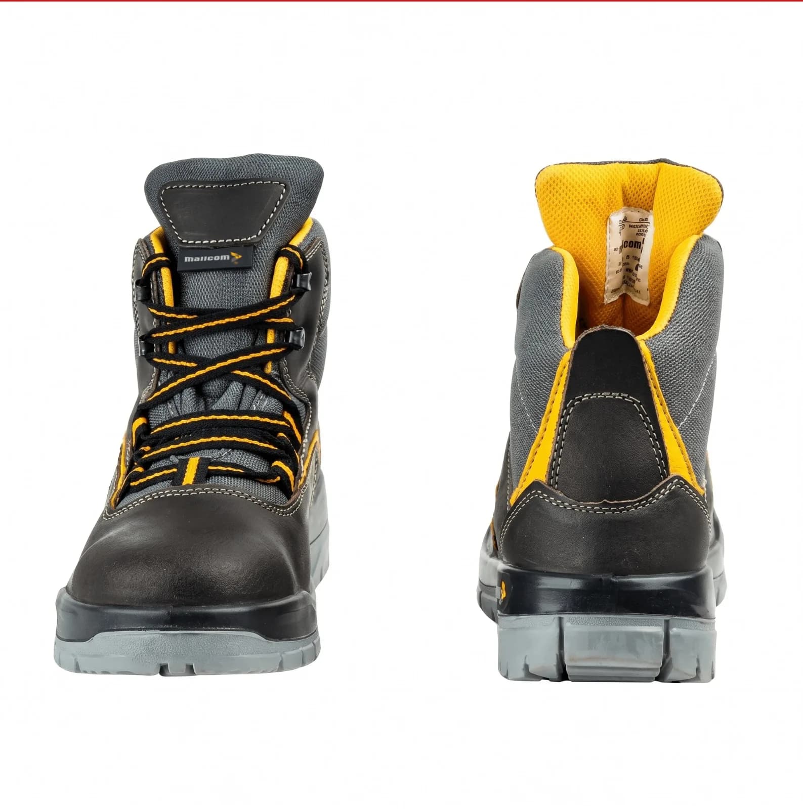 Chaussure de sécurité montante Mallcom Ontilla S1 noire et grise à surpiqûres jaunes, vues de face et de dos