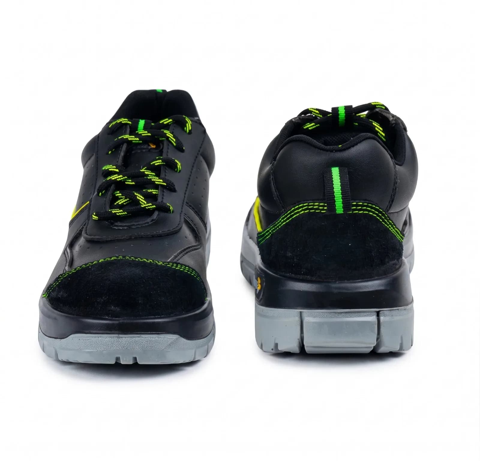 Chaussure de sécurité Mallcom Rufus K01 S1 noire à liseré vert, vue de face et de dos